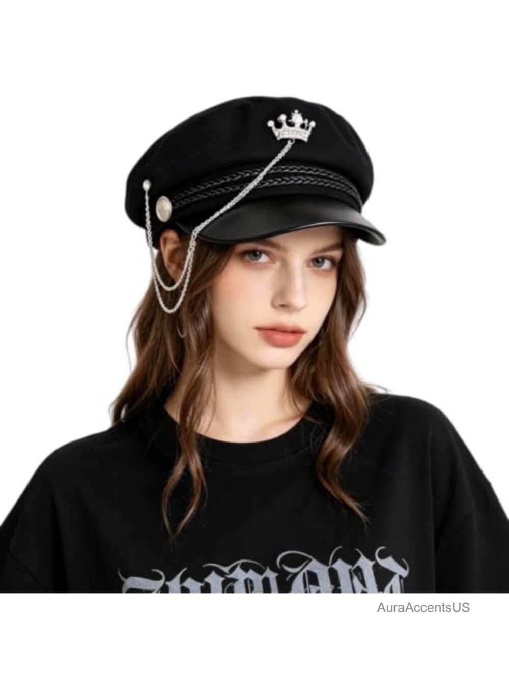 Wool Blend Newsboy Cap Detachable Chain Heart Buckle Crown Accent Baker Boy Hat